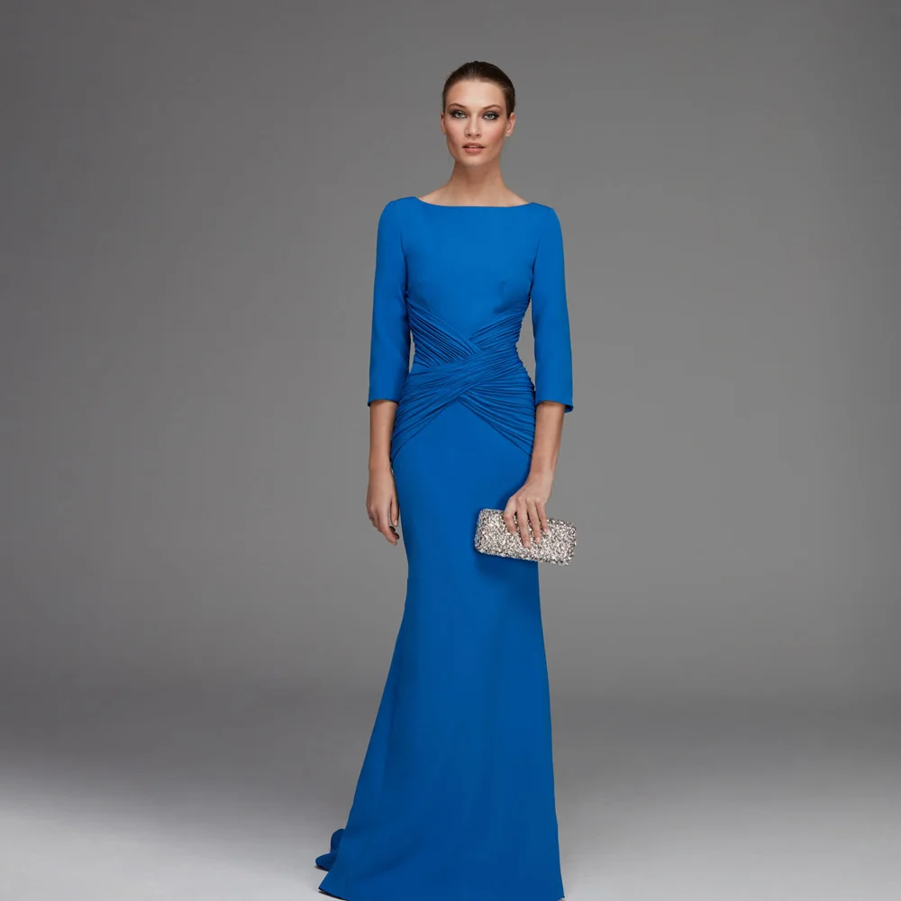 Elegant Blue Mother of the Bride Dresses O Neck 3/4 Sleeve Mermaid Customized Wedding Party Dresses Pleat Jersey فساتين السهرة