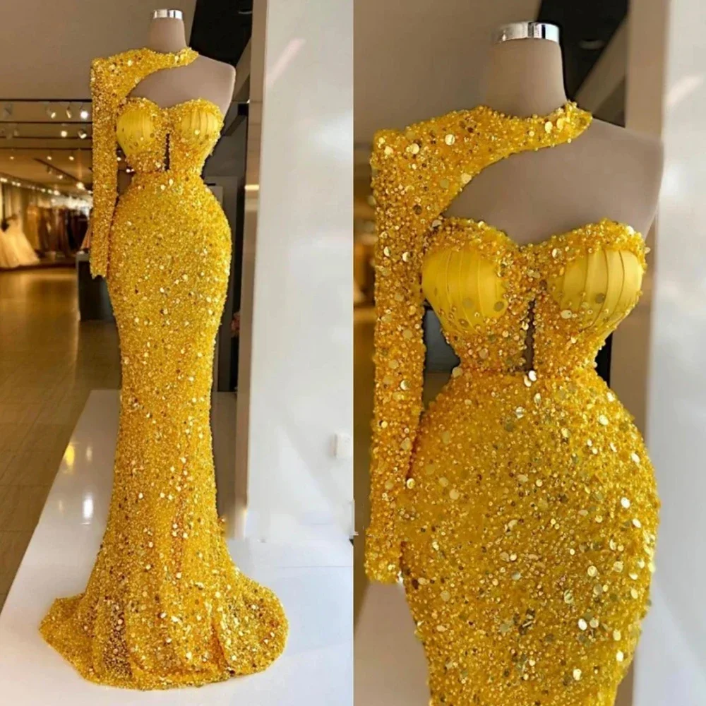 Customized Sexy Mermaid Sparkling One Shoulder Sleeve New Women Party Evening Sequin Jewel Long Modern Style Prom Dresses