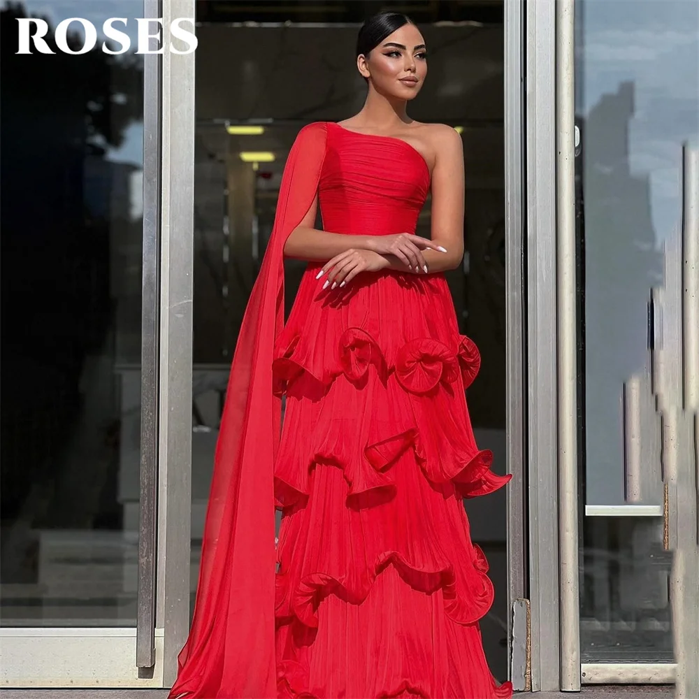 ROSES Red Chiffon Evening Dress One Shoulder Long Sleeve Prom Dress Layered A Line Party Dress Gala Dress for Women Customized