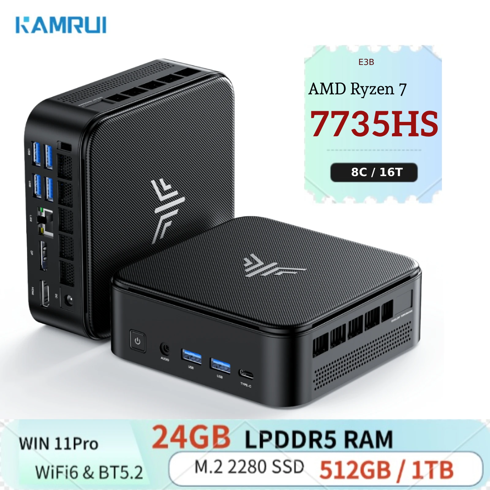 KAMRUI Mini Gaming PC AMD Ryzen7 7735HS 24GB LPDDR5 512GB/1TB M.2 SSD Micro Desktop Computers Max 4.75GHz WiFi 6 BT5.2 4K PC