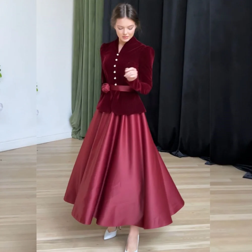 Customized Chinese Style Velour Pearl Sash Flower A-line V-neck Midi Dresses Bespoke Occasion Dresses Fashion