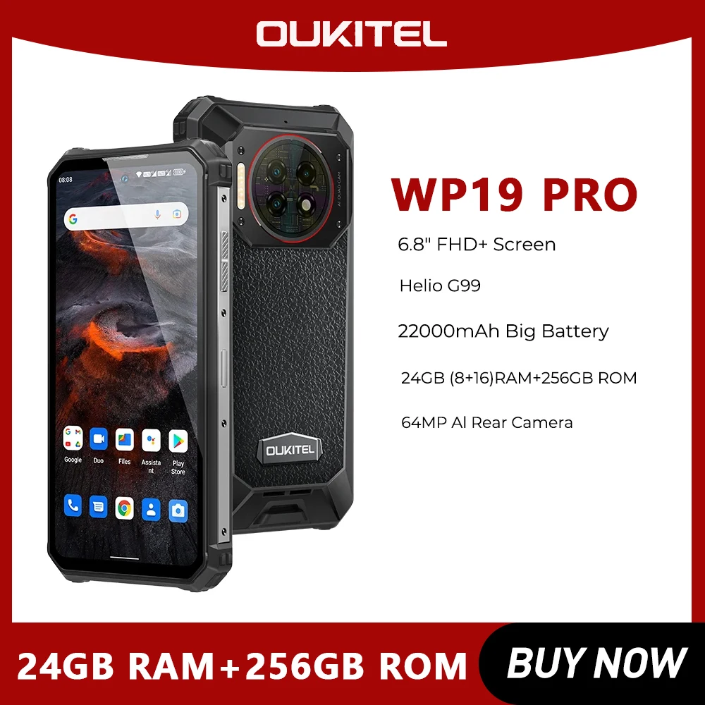 Rugged Phone Oukitel WP19 Pro Helio G99 Cellphone 22000mAh 24GB 256GB Smartphone 64MP Camera 120Hz Mobile Phone