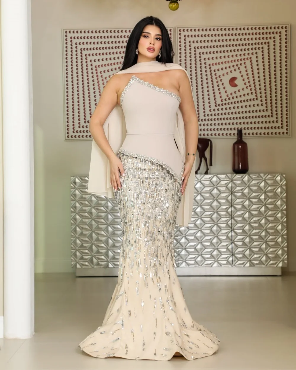Customized Elegant Jersey Crystal Sequined Evening Dresses Sexy Strapless Sleeveless Mermaid Prom Dress Modern Style Party Gowns