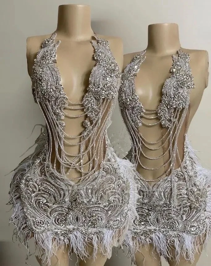 Silver Short Prom Dress Luxury 2025 Halter Rhinestone Bead Feather Mini Birthday Party Dress Cocktail Gown Graduation Customized