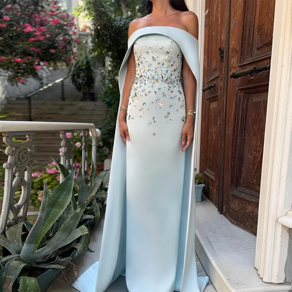 Luxurious Evening Dress Baby Blue Off the Shoulder Cape Column Evening Gowns for Women Sequins Beading Elegant Formal Dresses