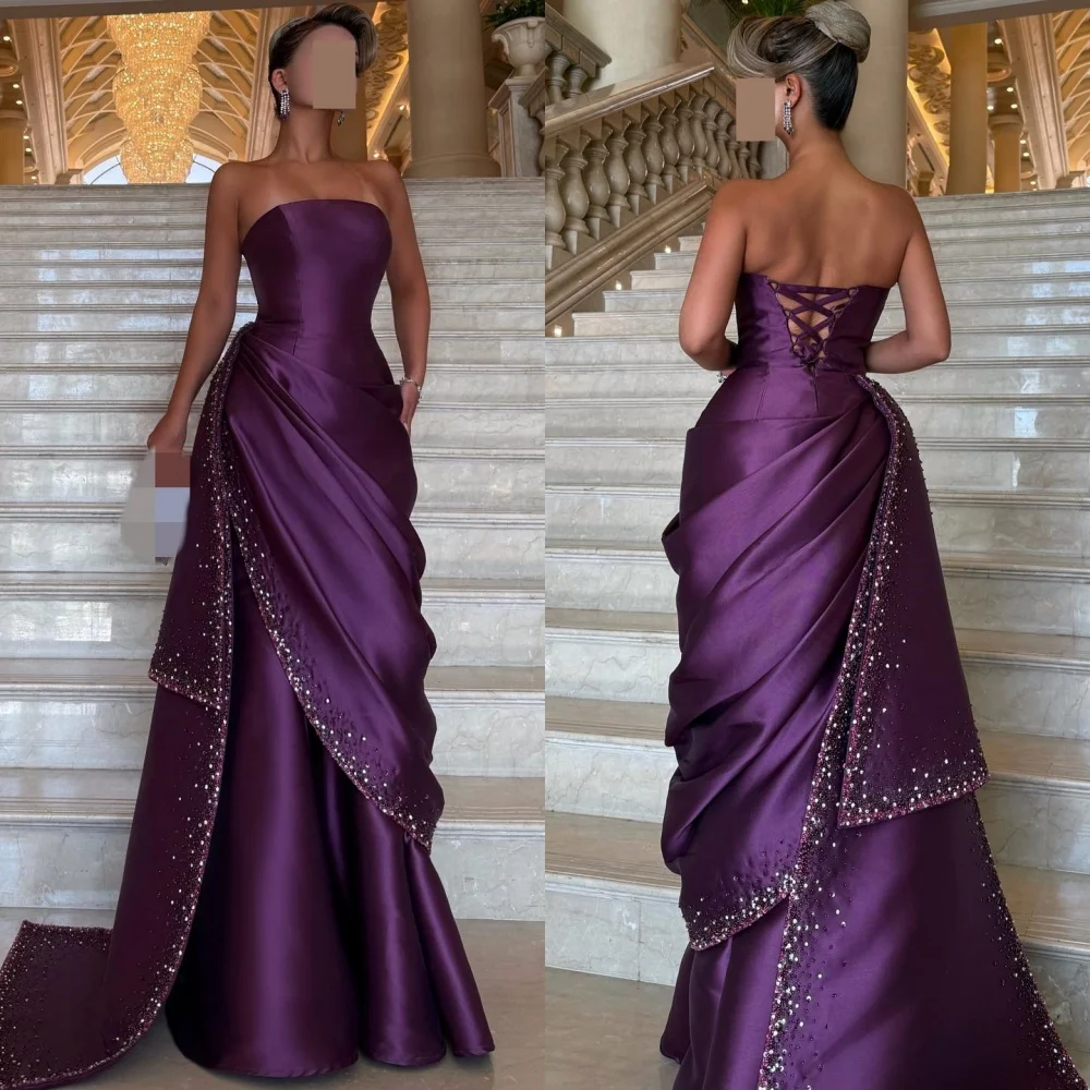 Customized Exquisite Charmeuse Pleat Sequined Straight Strapless Long Dresses Bespoke Occasion High Quality