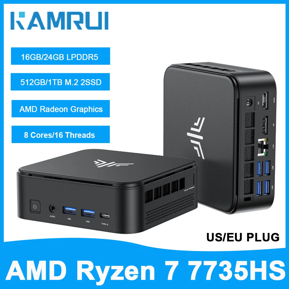 KAMRUI Mini Gaming PC AMD Ryzen7 7735hs 16GB/24GB LPDDR5 1TB/512GB M.2 SSD Max 4.75GHz WiFi6 BT5.2 Win11pro for Desktop Computer