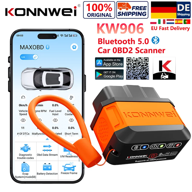 Lecteur de codes OBD2 Bluetooth KONNWEI KW906, outil de diagnostic automobile, lecteur de codes OBDII, vérificateur de voyant du moteur, détecteur de codes de panne du véhicule