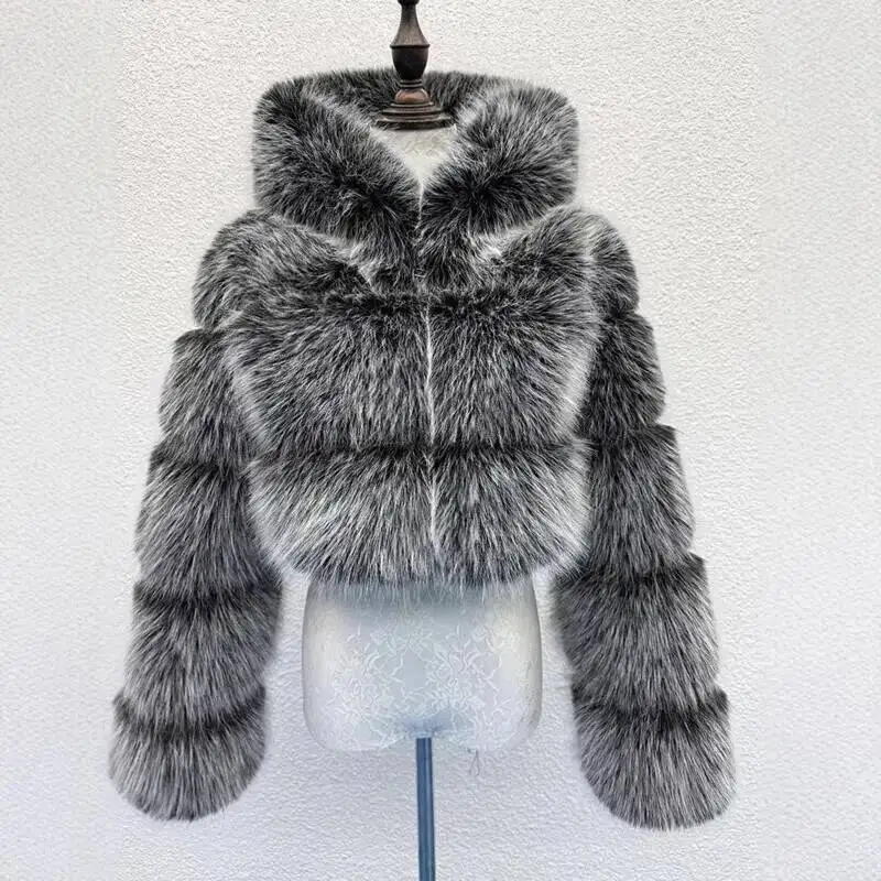 S-6XL femmes manteau automne hiver court à capuche fausse fourrure de renard manteau épais chaud vêtements d'extérieur fausse fourrure femme vestes dames manteaux de fourrure