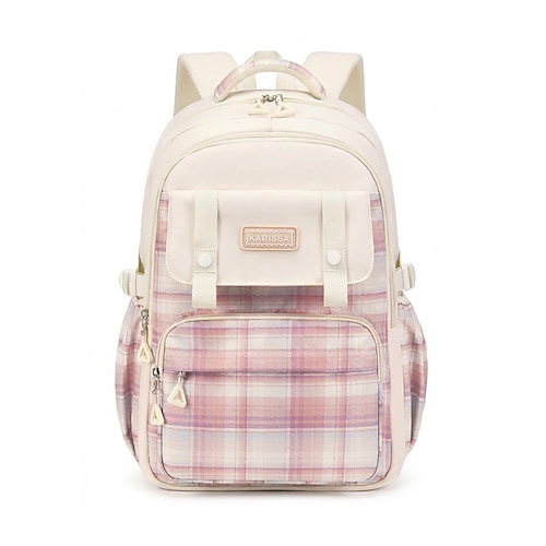 Zaino a quadri da bambina per la scuola, grande capacità, multi-tasche, in poliestere, grazioso zaino rosa da viaggio per la scuola con scomparto per laptop, resistente all'acqua per la scuola