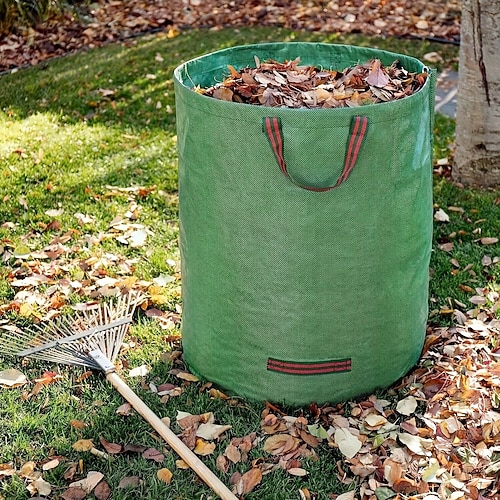 Sacchetto riutilizzabile per rifiuti da giardino con manici - materiale PP resistente per potature, foglie e piante da giardino - verde con cuciture rosse, perfetto per la manutenzione del giardino e