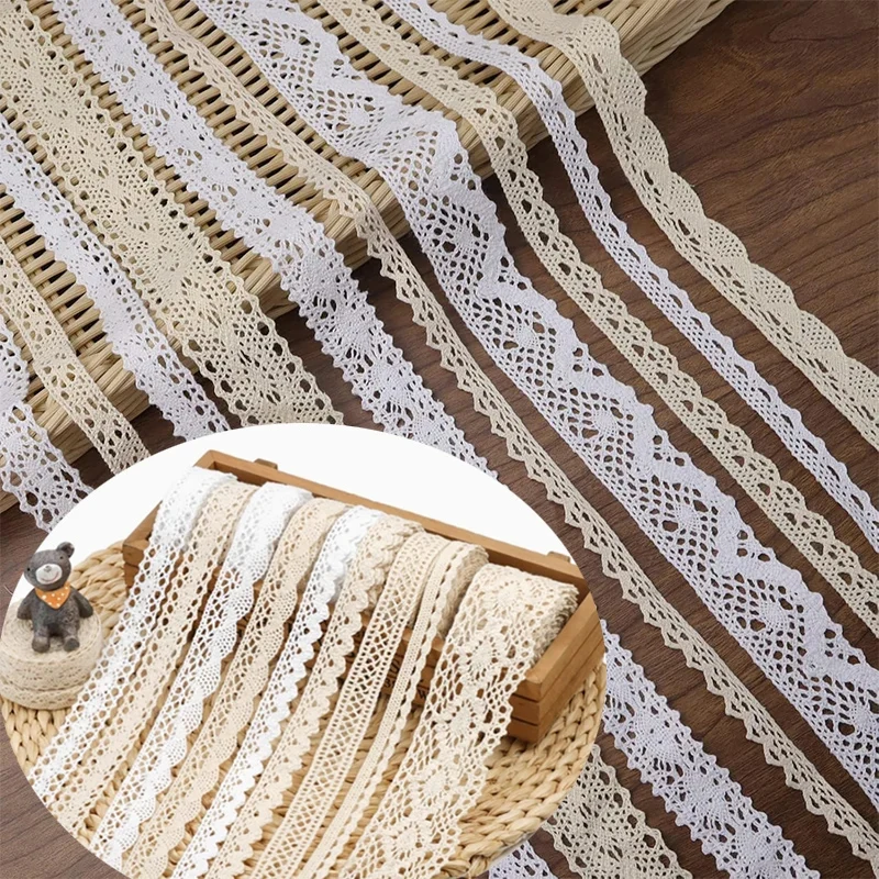 2/5 m Baumwoll-Spitzenborte, Vintage-Spitzenband, gehäkelte Baumwollspitze mit gewelltem Rand, weiß und beige, zum Nähen, Basteln, Hochzeitsdekoration