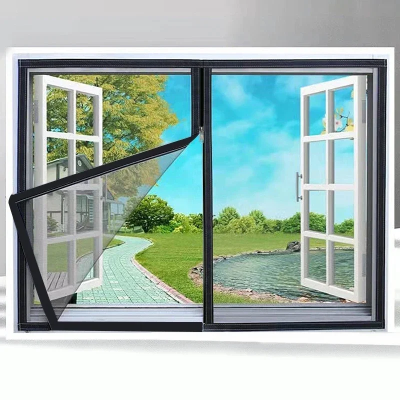 Schwarze Moskitonetze zum Öffnen des Fensters mit Reißverschlusses, selbstklebendes Moskitonetz, Innennetz, unsichtbar, anpassbar, Anti-Moskitonetz Image