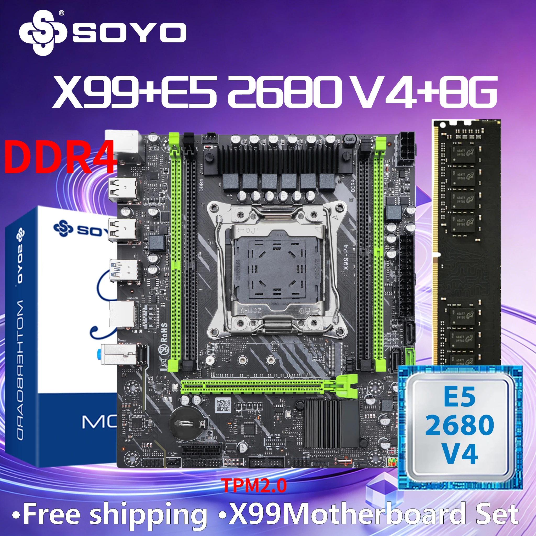 SOYO X99 DDR4 Motherboard E5 2680 V4 CPU 8G RAM Computer Combo Kit Xeon LGA2011-3 PC Gaming TPM2.0 PCIE3.0x16 24+8pin M.2(NVME/SATA)