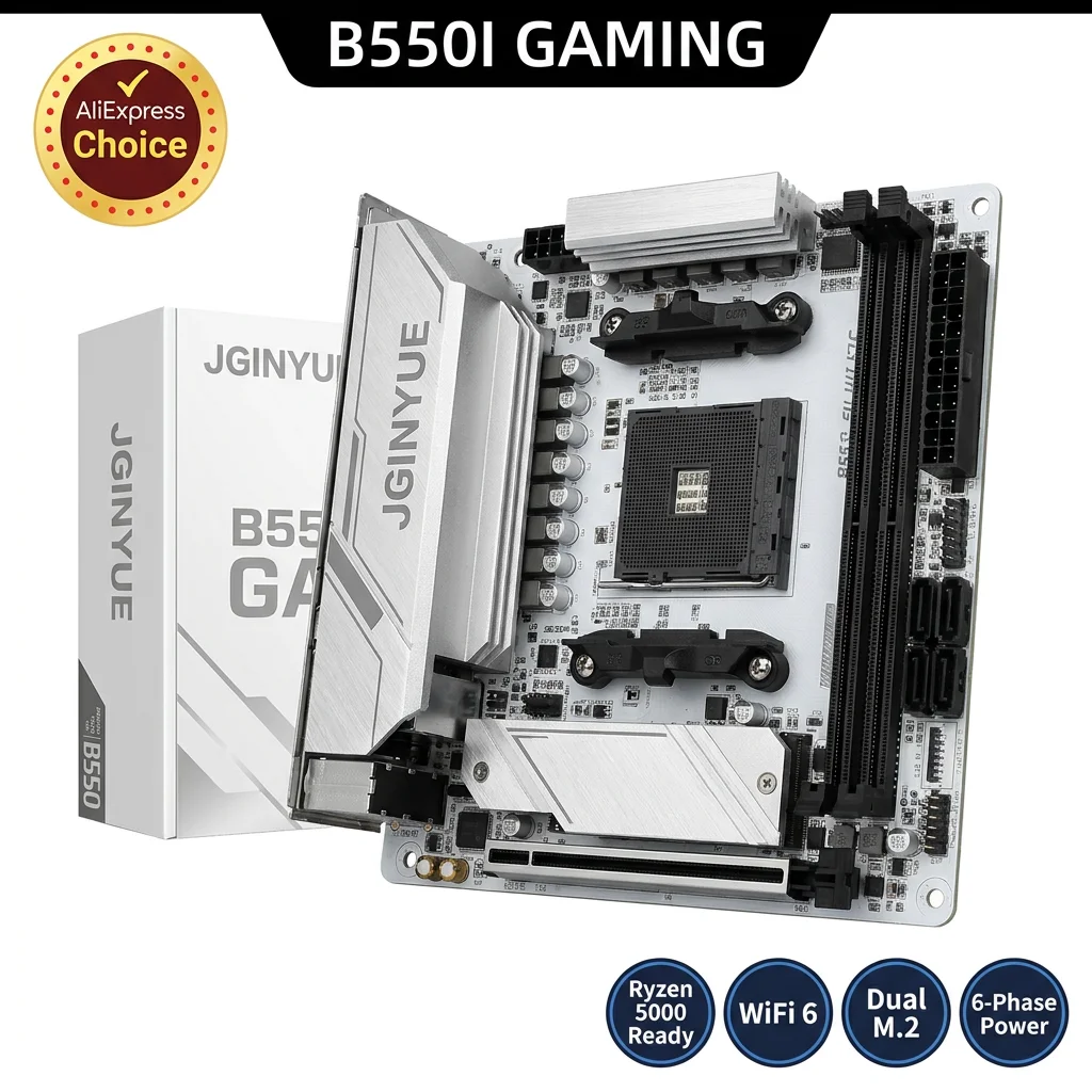JGINYUE B550I GAMING ITX Motherboard Weiße Leiterplatte AM4 für AMD Ryzen 5000/4000 DDR4 WiFi 6 Dual M.2 PCIe 4.0 Gaming-Mainboard Image