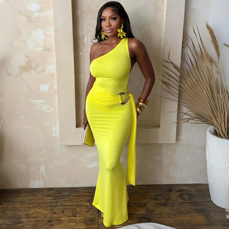 Doyerl Elegantes Einschultriges Geburtstagskleid Damen Formelles Abendkleid Club-Party Ärmellos Rückenfrei Metallknopf Bodycon Maxikleid Image