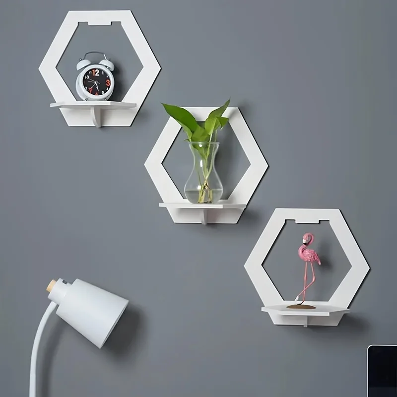 3-teiliges sechseckiges Wandregal-Set – einfache Installation, kein Bohren und Blumentopfhalter für Schlafzimmer- und Wohnzimmerdekoration Image