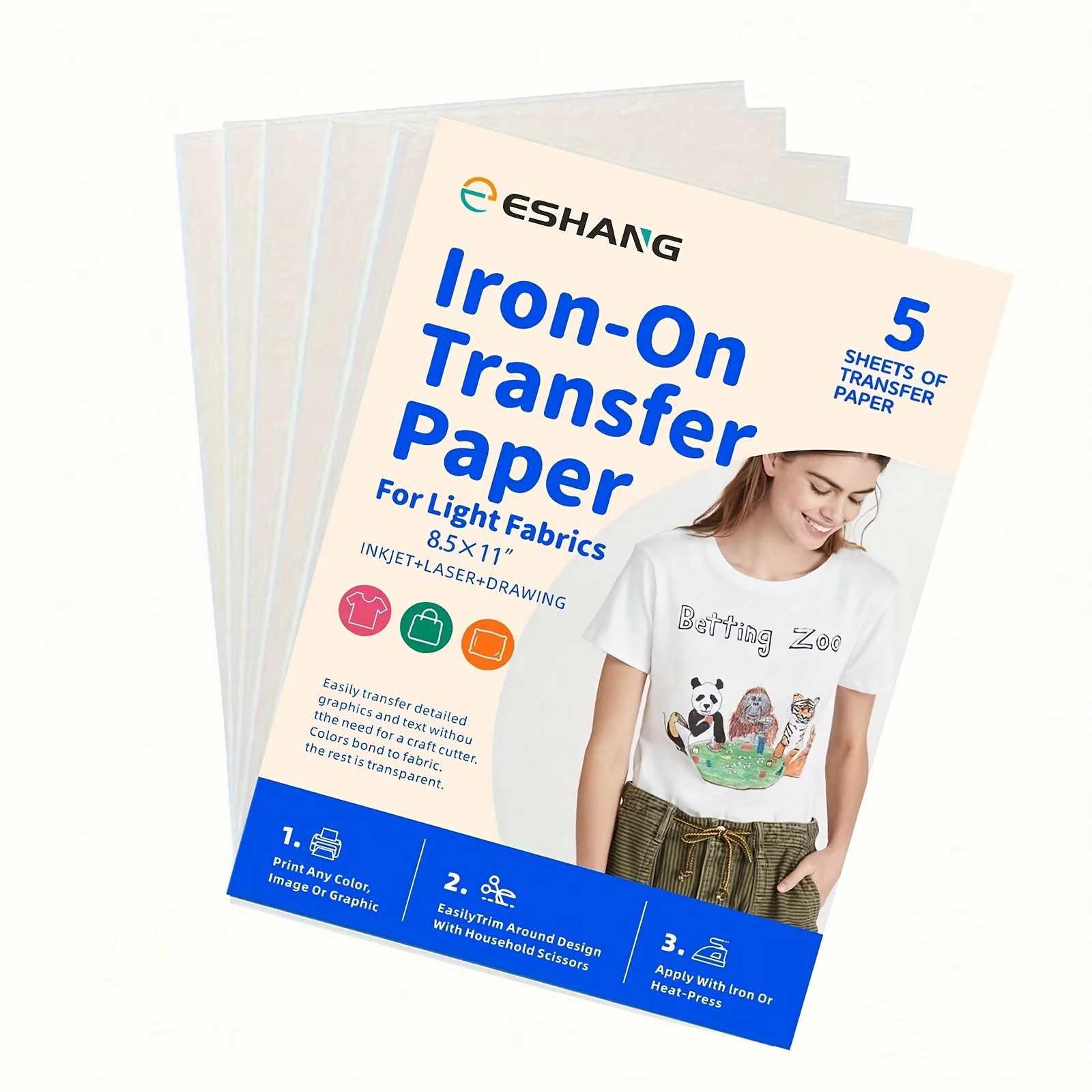 5 Blatt 8,5x11 Zoll Transferpapier für helle Stoffe, leicht abziehbar, keine Rückstände, HTV-Vinyl, kompatibel mit Tintenstrahl- und Laserdruckern Image