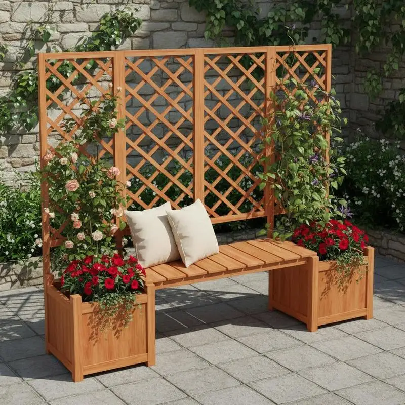 Pflanzkübel, Pflanzgefäß mit Rankhilfe, Blumenkübel mit viel Platz, Blumenkasten Pflanzkasten, brauner Massivholz-Tannenkübel, Pflanzkübel mit Rankhilfe und Sitzfläche für Garten, Hof, Terrasse Image
