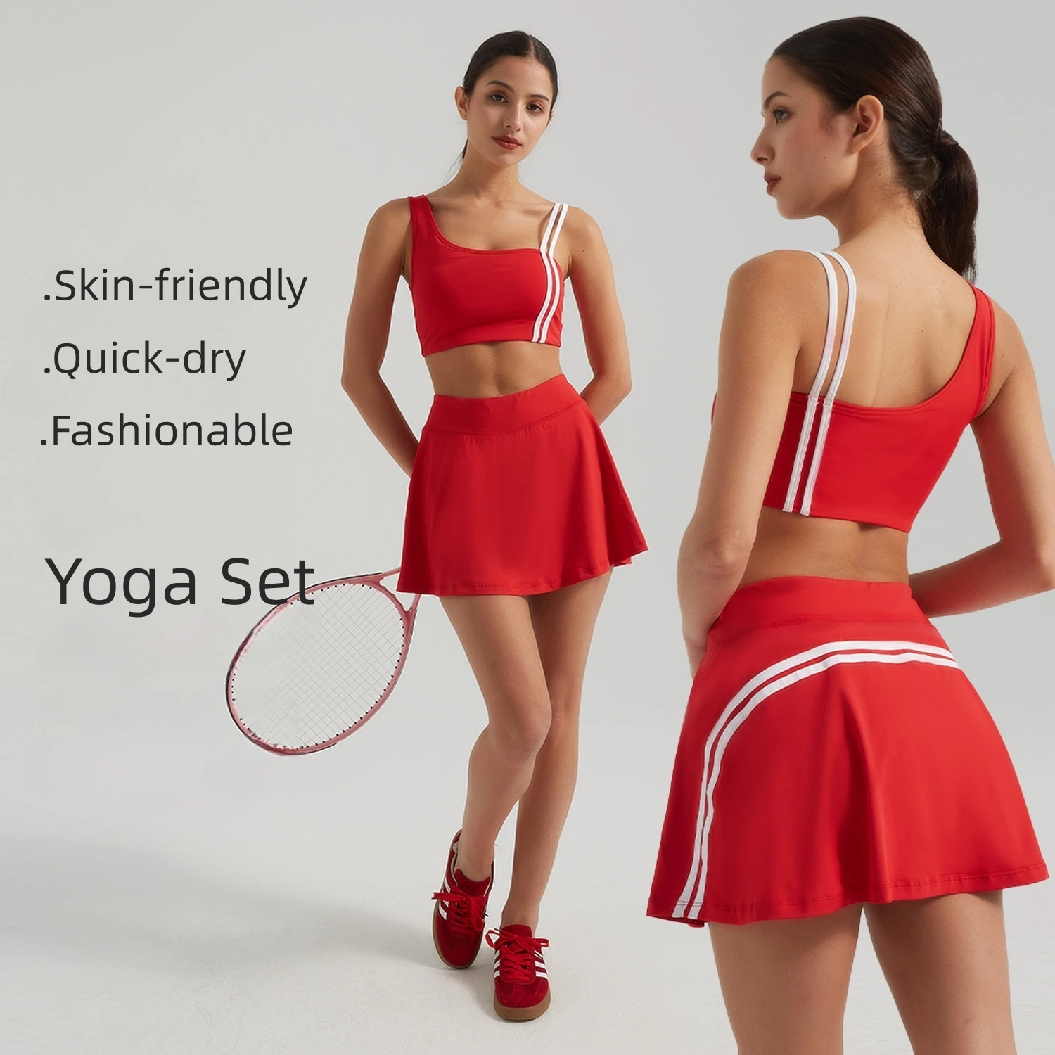 Ensemble de tenue de yoga 2 en 1 pour femmes, jupe de tennis bicolore avec soutien-gorge de sport amovible et short doublé, vêtements de sport pour la salle de sport