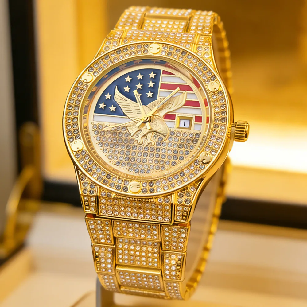 Hip-Hop Iced Out Quarzuhr Herren Hip-Hop Mode Bling Flaggen-Adler-Zifferblatt Luxus Voll-Diamant Armbanduhren Herrenuhren Reloj