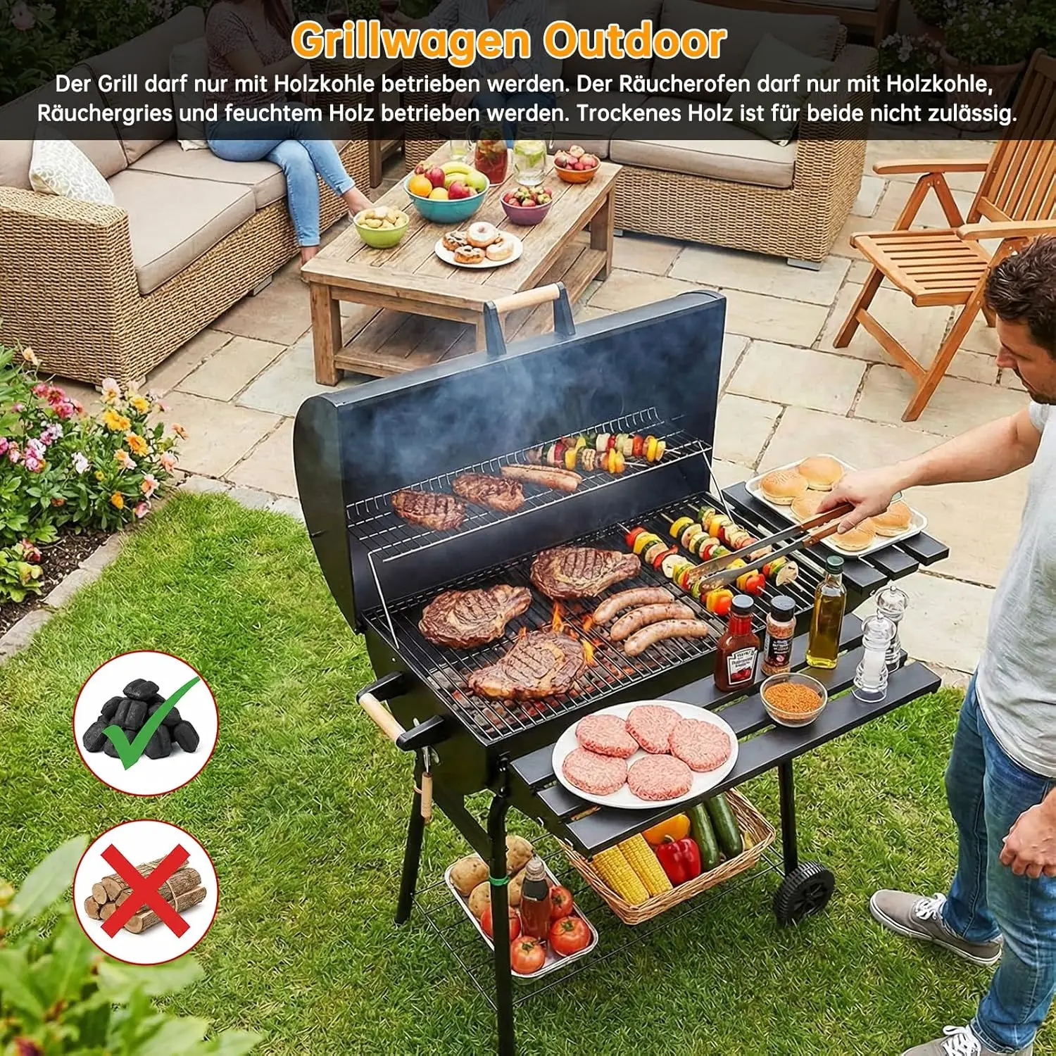 Holzkohlegrill mit seitlichem Vordertisch, mit großem Kochbereich, für Garten, Terrasse und Partys, schwarz Image