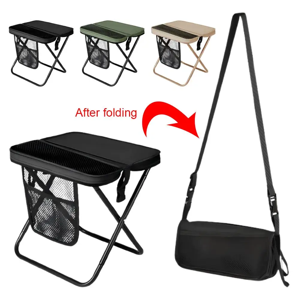 Outdoor-Klappstuhl im Crossbody-Taschen-Design, tragbarer, leichter Hocker für Camping, Angeln, Rucksackstuhl mit Netztaschen Image