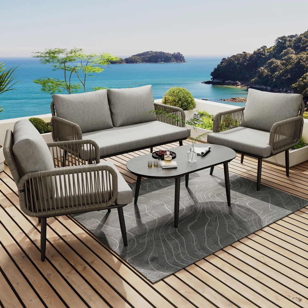PINGGO Garten-Lounge-Set mit bequemen Kissen, 2-Sitzer-Sofa, 2 Sesseln und Couchtisch aus handgewebtem Seil