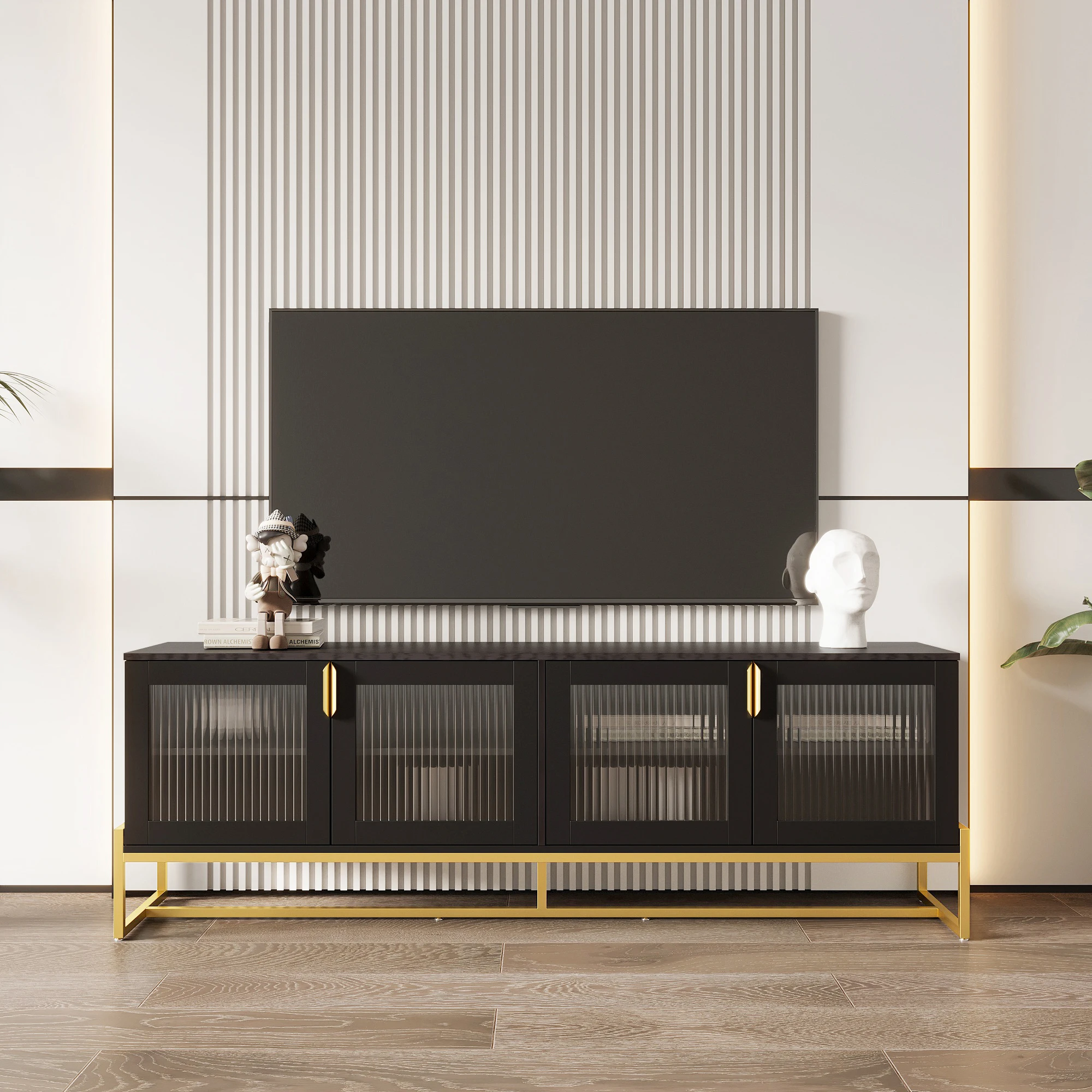 Meuble TV noir-doré, meuble TV bas 180x40x60 cm, meuble TV moderne de luxe avec portes en verre, pieds en métal, salon
