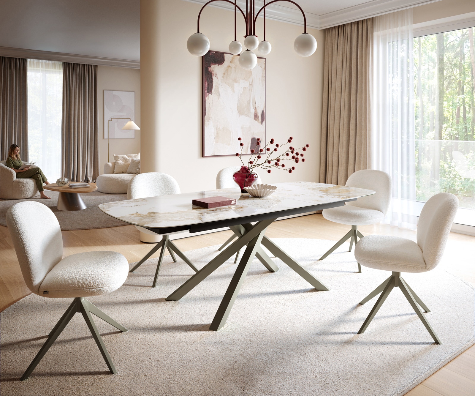 DELIFE Esstisch Edge Boot 180-220x100 cm Keramik Minas Melange Weiß-Beige Kreuzgestell Rechteck Effektfinish Titan ausziehbar, Esstische