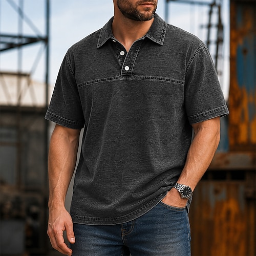 SoftFade™ Herren Acid Wash Shirt Golf-Shirt Lässige Business Rippkragen Kurzarm Mode Basic Einfarbig Blockieren Knöpfe Verwaschen Sommer Frühling Reguläre Passform Schwarz Hellgrün Pink Image