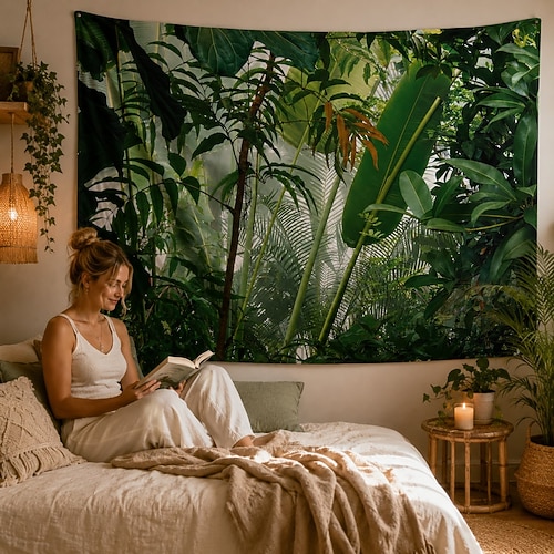 Dschungelwald-Wandteppich, grüne tropische Pflanzenblätter, botanische Naturmotive für Schlafzimmer, Studentenwohnheim, Wohnzimmer, Boho-Dekor Image