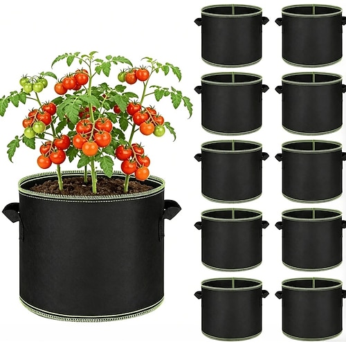 10er-Packung 5-Gallonen-Pflanzsäcke, robuste, verdickte Pflanzsäcke aus Vliesstoff mit verstärkten Griffen, atmungsaktive Filz-Pflanztöpfe für Gemüse, Blumen, Kräuter, Obst, Garten- und Image