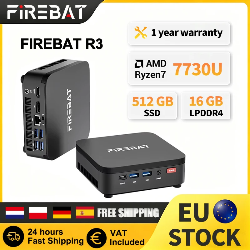 FIREBAT R3 MINI PC AMD Ryzen 7 7730U LPDDR4 16GB RAM 512GB SSD WIFI6 BT5.2 Ordinateur de bureau portable MINI-PC Windows 11 Ordinateur de bureau