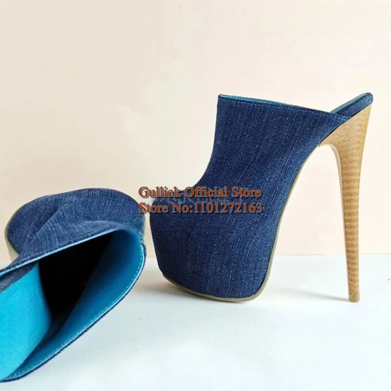 Holzmuster gestreift Damen Blau Denim Pantoletten Stiletto Absatz Plateau Slip-On Hausschuhe Runde Zehen Damen Schuhe Schuhe