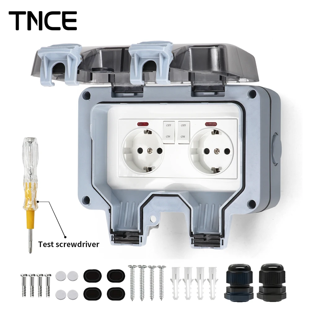 TNCE IP66 wasserdichte Steckdose für den Außenbereich, 16 A, Steckdosenbox mit Kontrollleuchte, Schalter, staubdichte Box, wetterfest für Zuhause Image