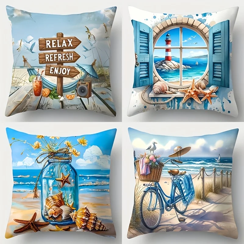 1 Stück Kissenbezug mit Küsten- und Strandmotiv, doppelseitiger nautischer Ozean-Kissenbezug für die Heimdekoration Image