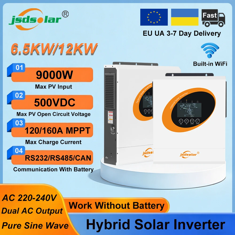 Onduleur solaire hybride Jsdsolar 6.5KW 12KW 48V 230VAC à onde sinusoïdale pure, onduleur onduleur-hors réseau MPPT 120A/160A avec chargeur solaire PV 500VDC, double sortie AC, communication WiFi