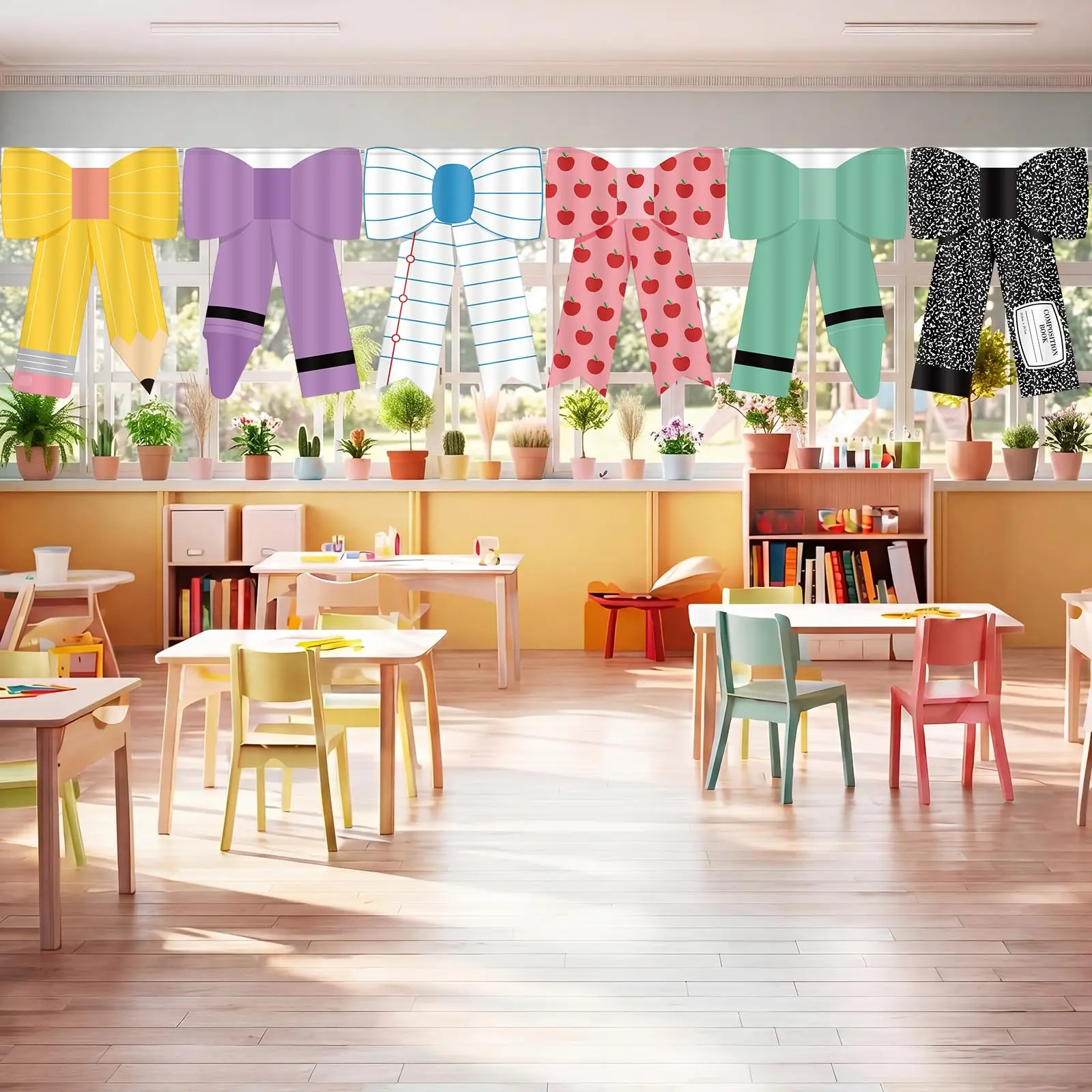 Niedliche Schulklassenzimmer-Fenstervorhänge mit Schleifen, Bleistiften, Buntstiften, Äpfeln, Notizbüchern, Schreibheften, Erster-Schultag-Banner, Party-Dekoration Image