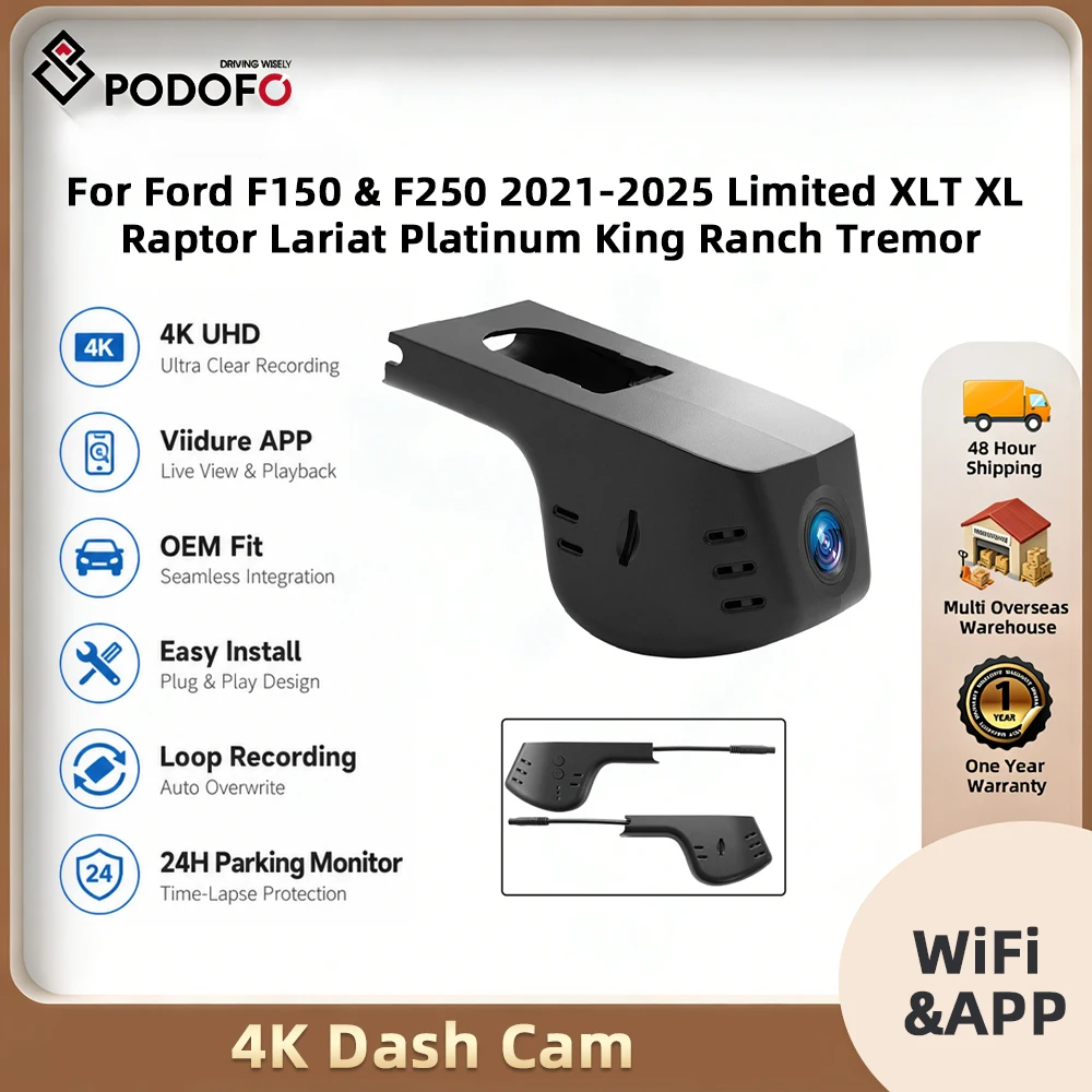 Podofo Auto-DVR WLAN Dashcam Black Box App-Steuerung Nachtsicht Schleifenaufnahme Eingebautes Mikrofon, Lautsprecher, Stummschaltfunktion Automatische Unfallerkennung Rekorder für Ford F150 und F250 Image