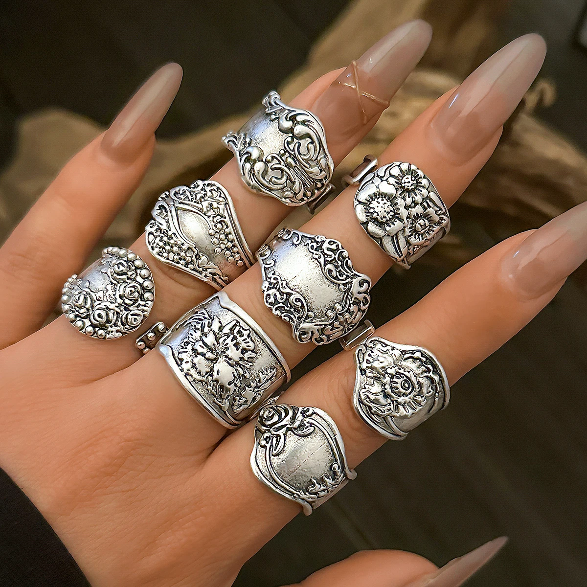 Ingemark 8 Stück Vintage Silber Farbe verstellbare offene Ringe für Frauen Goth geschnitzte Blume Metallringe Verlobung Mi Schmuck Geschenk Image