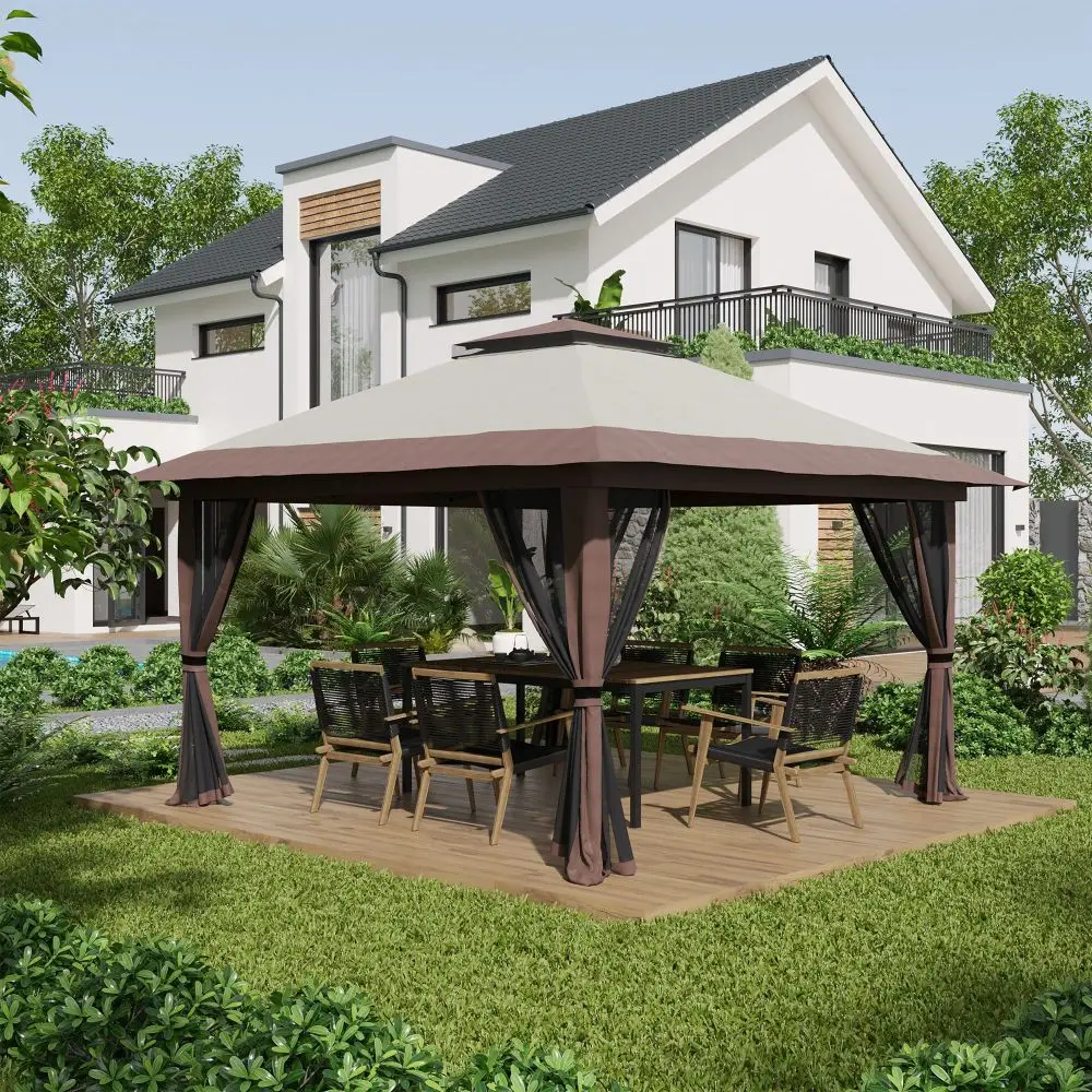 4×4m höhenverstellbarer Falt-Pavillon, Doppeldach mit UV-Schutz und Netzvorhängen, beige Image