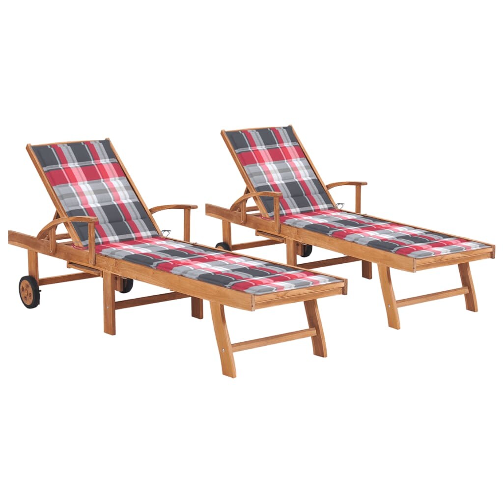vidaXL Sonnenliegen 2 Stk. Auflagen Rotes Karomuster Massivholz Teak Image