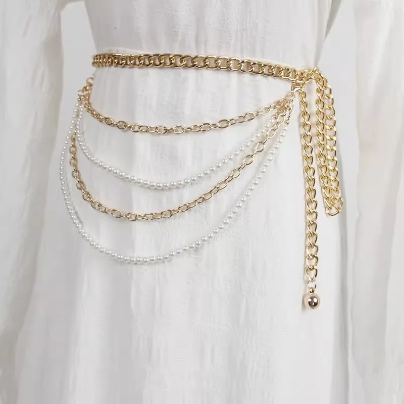 Damenmode Gold Silber Perlen Metallkette Korsett Weiblicher Taillengürtel Mantel Taillenband Kleid Dekoration Schmaler Gürtel J1346 Image