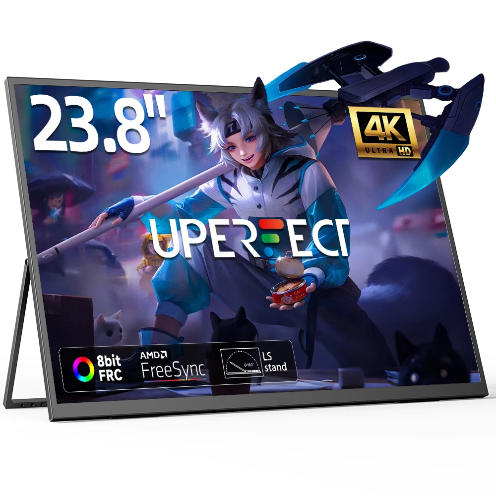 UPERFECT 4K Großer tragbarer Monitor 23,8 Zoll UHD 3840 * 2160 100 % sRGB FreeSync Externer Bildschirm für Desktop-Laptop Mini-PC MacBook mit Ständer VESA HDMI USB-C Gaming-Display Image
