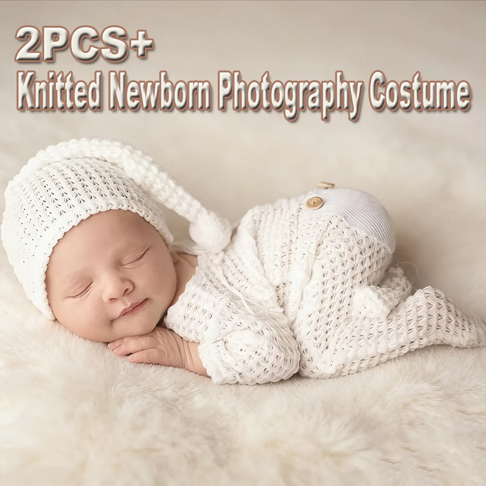 Neugeborener Overall mit Füßen für Fotoshooting, Säuglingsfotografie-Outfits, Neugeborenen-Knöpfe, Taschen-Strampler mit Bommel, schläfriger Hut-Anzug Image