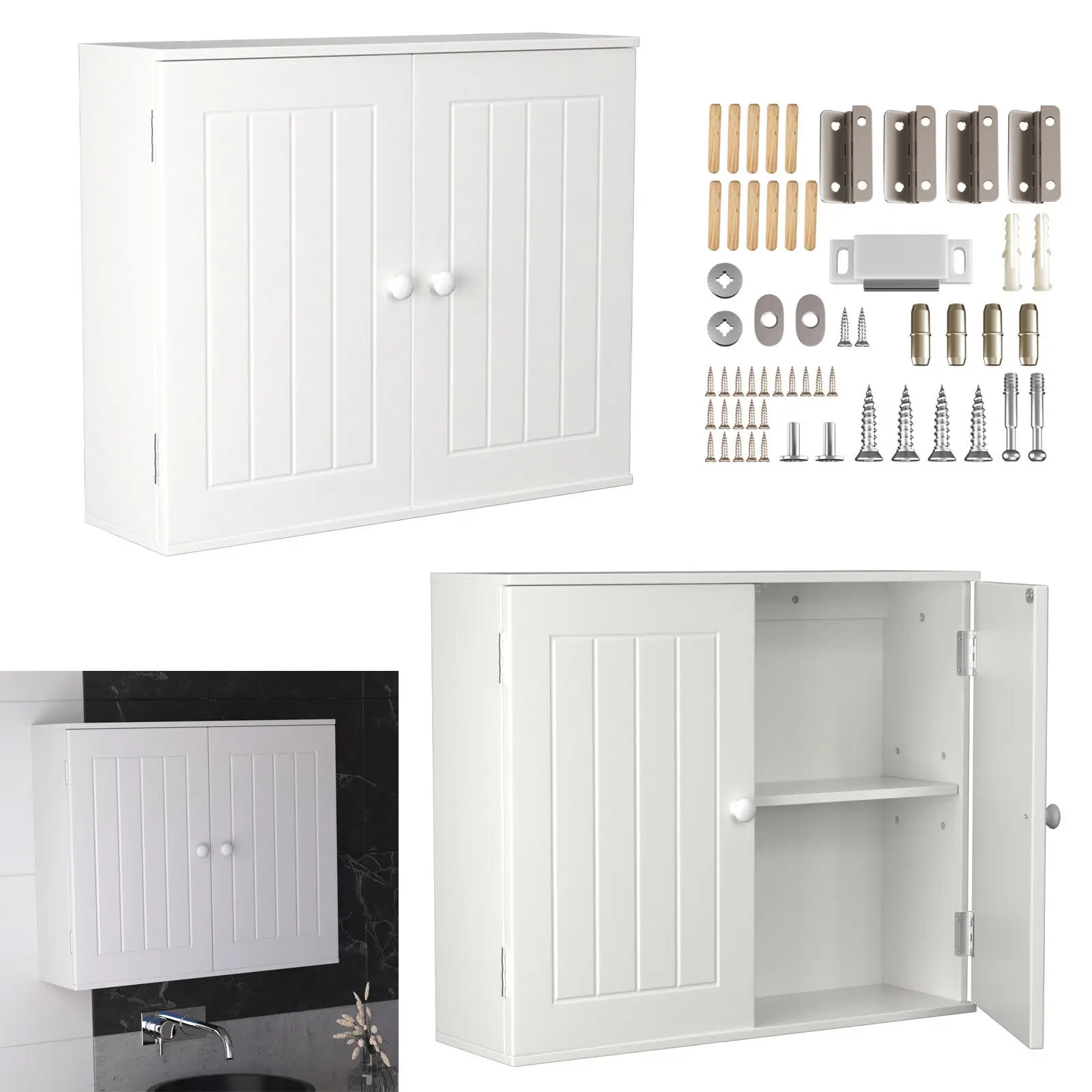 Doppeltüriger Badezimmerschrank zur Wandmontage, Medizinaufbewahrung, MDF-Regale, 60 B x 50 H cm, Wandschrank, Regale, Waschtischunterschrank, Möbel