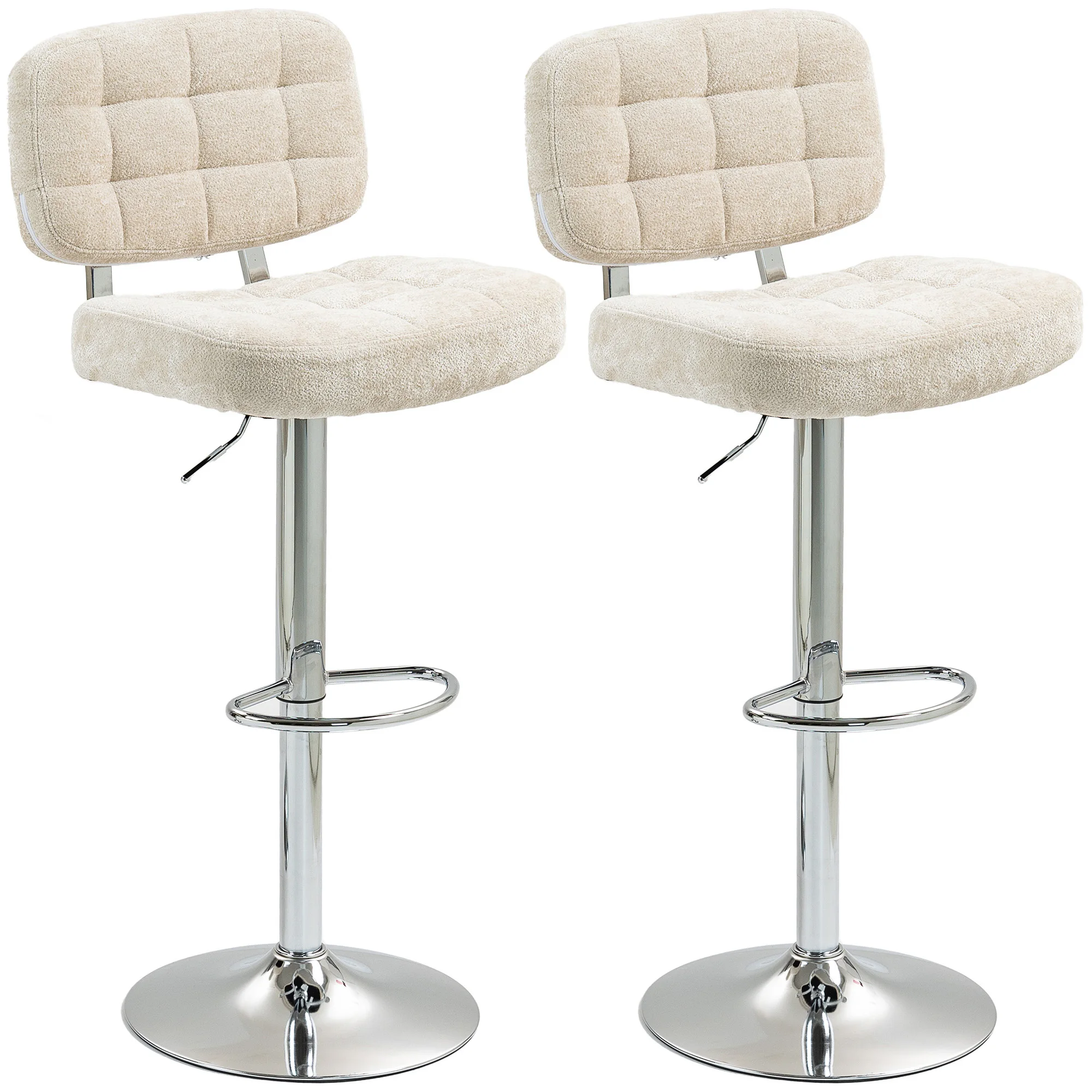2-Barhocker-Set mit Rückenlehne, höhenverstellbar und mit Fußstütze, Stahlgestell, Tragkraft in kg, beige