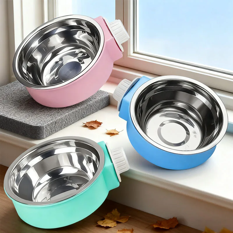 Pet Candy-Farbige Edelstahl Hunde Schüssel Hängen Käfig Haustier Katze Futter Schüssel Hängen Edelstahl Schüssel Hund Käfig Schüssel doppel Schüssel Image
