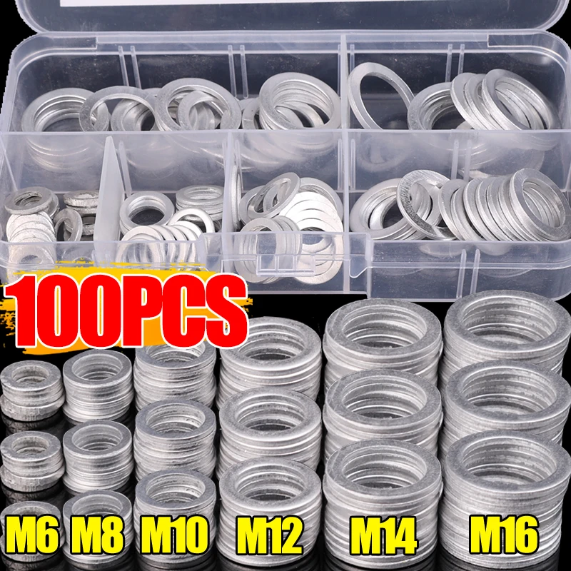 100 Stück Aluminium-Unterlegscheiben, Metall-O-Ring-Befestigungen, Dichtungsset, Sortiment, Unterlegscheiben, Ölablassdichtungen M6 M8 M10 M12 M14 M16 Image